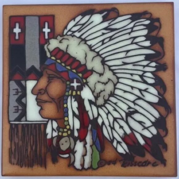 Cleo Teissedre Native Chief Southwest Ceramic Tile Art Signed - Picture 1 of 2